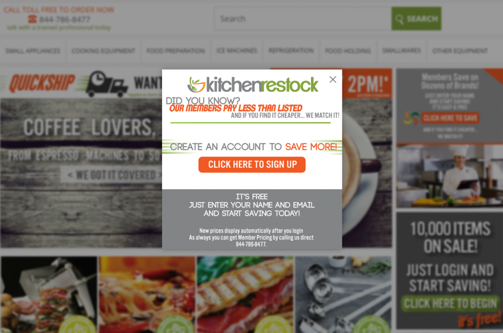 Example of modal on kitchen restock website