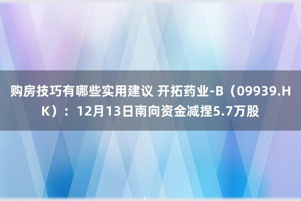 购房技巧有哪些实用建议 开拓药业-B（09939.HK）：12月13日南向资金减捏5.7万股