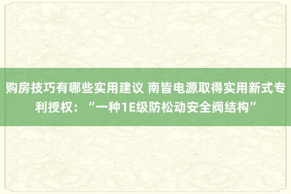 购房技巧有哪些实用建议 南皆电源取得实用新式专利授权：“一种1E级防松动安全阀结构”